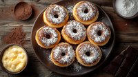 Fresh homemade donuts dusted with powdered sugar on rustic wooden background with cocoa powder, custard cream and dark chocolate pieces for baking.