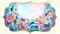 Watercolor pet frame with colorful cats, dogs and paw prints in decorative border. Copy space for veterinary clinic, animal shelter promotional materials.