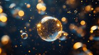 Magical glowing soap bubbles floating in dark space with golden bokeh lights and sparkles creating dreamy atmospheric effect. Perfect for fantasy designs.