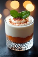 Layered dessert cocktail with fresh mint garnish in crystal glass, topped with cream and cocoa powder against blurred bokeh lights background.