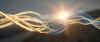 Abstract golden light waves flowing with bright sun flare creating dynamic energy patterns against dark background for modern digital designs.