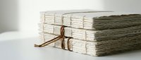 Stack of handmade rustic journals bound with leather cord on white surface, deckle edge pages, natural texture, minimalist style.