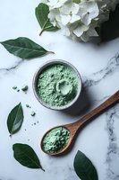 Green matcha tea powder in ceramic bowl and wooden spoon on marble surface with fresh leaves and white hydrangea flowers, spa wellness composition.