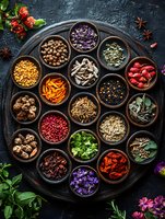 Colorful collection of dried herbs, spices, berries and flowers in wooden bowls arranged on dark round tray. Natural healing ingredients for alternative medicine.