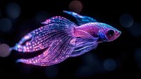 Luminescent purple and blue betta fish swimming gracefully against dark background with bokeh lights, showcasing flowing fins and ethereal glow. Suitable for aquatic designs.