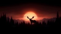 Majestic deer silhouette against glowing sunset in mountain wilderness with pine forest landscape for outdoor adventure and nature themed designs.