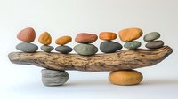 Balanced stones on driftwood creating natural seesaw effect against white background, demonstrating harmony, balance and zen concept in wellness design.