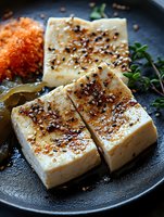 Grilled tofu steaks seasoned with sesame seeds and spices on black plate with shredded carrots and fresh herbs, close up view of Asian cuisine preparation.