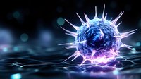 Microscopic virus cell with spikes floating in dark blue liquid environment with glowing purple and blue light effects for medical and scientific content.
