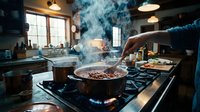 Professional chef cooking meat in copper pan with steam rising in modern restaurant kitchen with industrial lighting and gas stove flames.