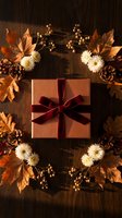Autumn gift box with burgundy ribbon surrounded by fall leaves, pine cones and white flowers on rustic wooden background for seasonal celebrations.