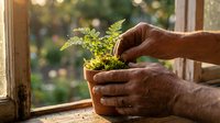 Elderly hands gently nurturing young green plant in terracotta pot by sunny window. Concept of growth, care, gardening and new life beginning.