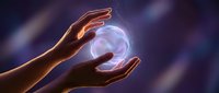 Hands holding glowing energy orb with magical light effect against blurred purple background, representing power, innovation, and future technology concepts.