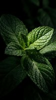 Fresh mint leaves with detailed texture and veins on dark background for culinary herbs cooking ingredients natural organic food photography.