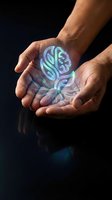 Male hands holding glowing holographic brain with digital neural networks on dark background for artificial intelligence and technology concepts.