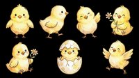 Cute watercolor baby chicks set, isolated on transparent background. Seven poses including hatching egg and flowers. Great for Easter clipart, stickers, t-shirt design, and print on demand.