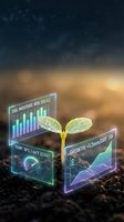 Young green plant seedling with futuristic holographic data displays showing growth metrics and soil conditions for smart agriculture technology.