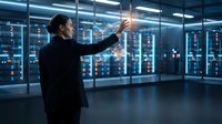Professional businessman interacting with holographic interface in modern data center server room with glowing technology displays and futuristic lighting.