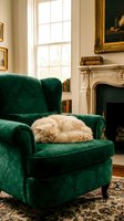 Fluffy ginger cat sleeping on emerald green velvet armchair in elegant living room with fireplace, classical decor, and natural light from window.