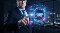 Professional businessman in suit touching futuristic holographic thank you interface with digital elements in modern office environment.