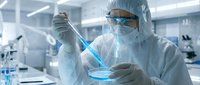 Scientist in protective suit conducting laboratory research with blue liquid sample in modern medical facility for pharmaceutical development.