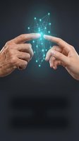 Older male and younger female hands pointing at glowing digital human figure with network connections, representing technology transfer, mentorship, and innovation collaboration.