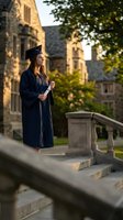 Young Caucasian female graduate in cap and gown holding diploma on university campus steps during golden hour sunset lighting for commencement ceremony celebration.