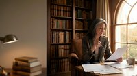 Mature woman with gray hair reading documents at wooden desk in home library with bookshelf background, warm natural lighting from arched window.