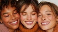 Three diverse young women with glowing skin and bright smiles embracing in warm orange sweaters, showcasing natural beauty and friendship bonds.