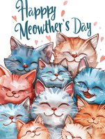 Cute watercolor illustration of happy smiling cats with Happy Meowther's Day text, perfect for greeting cards, social media posts and Mother's Day celebrations featuring feline themes.