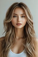 Young Caucasian woman with long wavy blonde hair and natural makeup wearing white tank top, looking directly at camera with soft neutral expression. Professional beauty portrait.