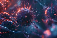 Microscopic virus cell with spiky surface illuminated in dramatic red and blue lighting, showing detailed molecular structure against dark background.
