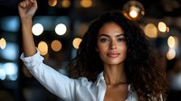 Young mixed-race businesswoman raising fist in victory gesture against blurred city lights background. Professional success and achievement concept.