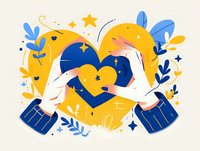 Minimalist hands holding blue heart shape with stars and floral elements on yellow circle background, romantic folk art style illustration for valentines cards.