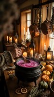 Witch stirring magical purple potion in cauldron surrounded by autumn decorations, candles, and dried herbs for Halloween and witchcraft themed designs.