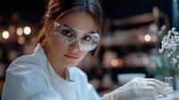 Young female scientist in protective eyewear and white lab coat examining test tube with sample in modern laboratory setting against blurred bokeh background.