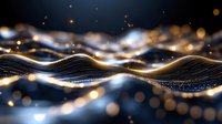 Flowing golden and white light waves with glowing particles on dark blue background, suitable for technology, business, and digital design projects.