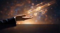 Businessman hand releasing glowing geometric shapes and light particles, representing innovation, digital transformation, and business growth in corporate environment.