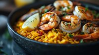 Grilled jumbo shrimp served on saffron rice with lemon wedges and fresh herbs in dark ceramic bowl, close up view showing texture and vibrant colors of Spanish paella.