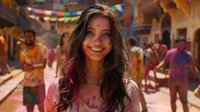 Young woman with bright smile celebrating Holi festival in India, surrounded by colorful powder-covered people in festive street atmosphere.