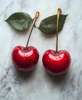 Fresh ripe red cherries with water drops and green leaves on marble background, close up view. Natural organic summer berries for healthy eating.