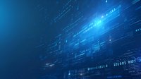 Abstract digital binary code matrix on deep blue background with glowing light effects and streaming data visualization for technology concept.