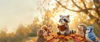 Adorable woodland animals including raccoon, squirrel, owl and blue jay sitting together on colorful autumn leaves during golden hour sunset for seasonal designs.