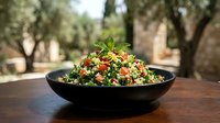 Colorful quinoa salad with fresh vegetables, herbs and tomatoes served in black bowl on wooden table outdoors.
