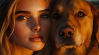 Young caucasian woman with golden hair and brown retriever dog in warm sunset light creating intimate emotional portrait. Close up faces showing deep connection and bond.