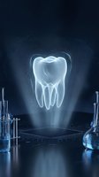 Futuristic holographic tooth projection in dental laboratory with scientific equipment for modern dentistry and oral health research applications.