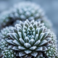 Frost-covered succulent plant with intricate ice crystals on leaves creating winter garden texture for seasonal botanical designs.