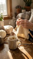 Senior woman hands knitting cream wool sweater with steaming tea cup on wooden table in cozy sunlit living room creating handmade winter clothing at home.