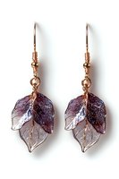Delicate rose gold earrings featuring translucent purple and clear resin leaves with metallic finish, isolated on white background for jewelry design and accessories.