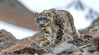Snow leopard prowling on rocky mountain terrain against snowy peaks background, majestic wild cat displaying natural hunting behavior in harsh alpine habitat.